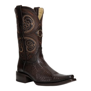 Brown cowboy boot with intricate embossing 