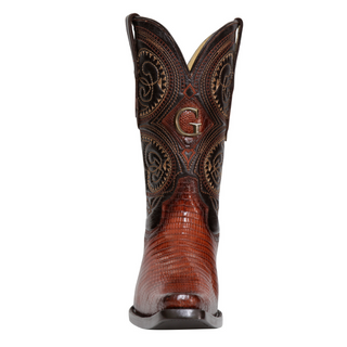 Brown cowboy boot with intricate leatherwork 
