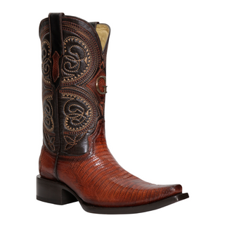 Brown cowboy boot with intricate embossing 