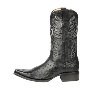 Black ostrich cowboy boot with intricate designs 