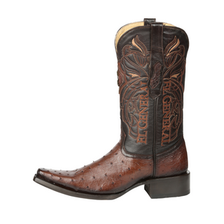 Brown ostrich cowboy boot with intricate leatherwork 