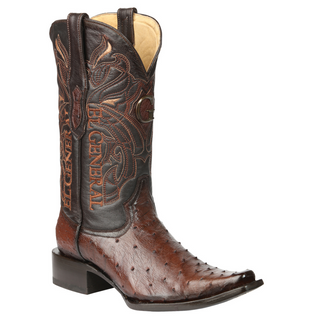 Brown ostrich cowboy boot with intricate leatherwork 
