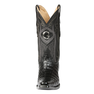 Black cowboy boot with a decorative pattern and 'G' logo 