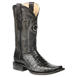 Black crocodile skin cowboy boot with decorative patterns 