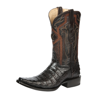 Brown cowboy boot with brown leather stitching on a white background