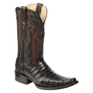 Brown cowboy boot with intricate brown stitching on a white background