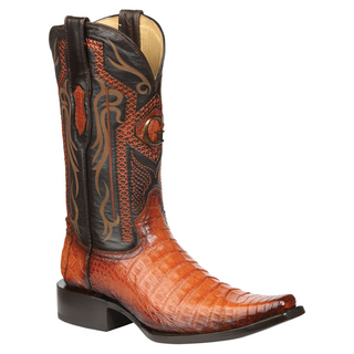 Brown cowboy boot with intricate design 