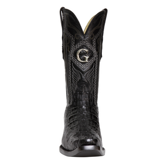 Black cowboy boot with a prominent 'G' logo 