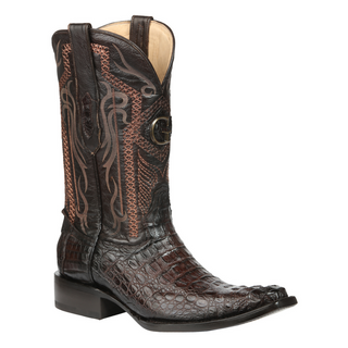 Brown cowboy boot with intricate patterns 