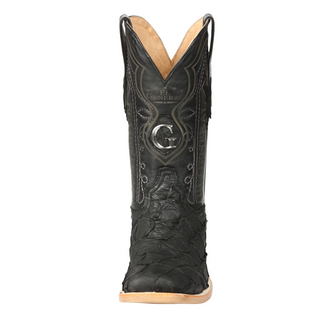 Black cowboy boot with intricate design 