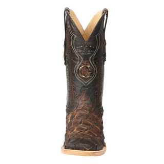 Brown cowboy boot with intricate design 