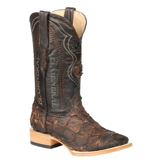 Brown leather cowboy boot with embossed design