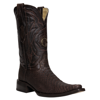 Brown cowboy boot with intricate design 