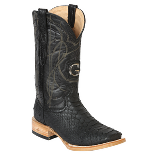 Black cowboy boot with a gold logo 