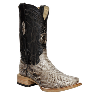 Cowboy boot with black top and snake skin pattern 