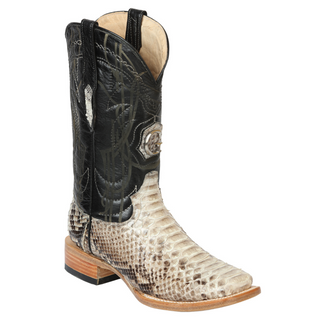 Cowboy boot with black leather upper and snake skin pattern on toe, 