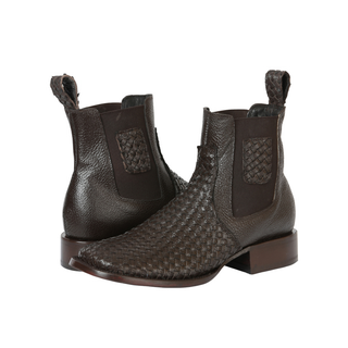 brown ankle boot with woven design