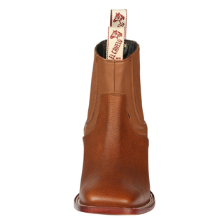 El Canelo brown leather western ankle boot with pull tabs and square toe design.
