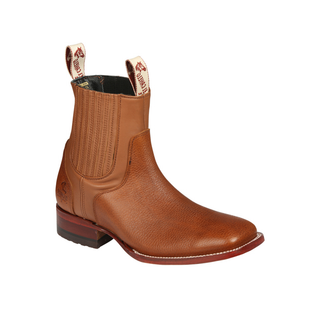 El Canelo brown leather western ankle boot with pull tabs and square toe design.