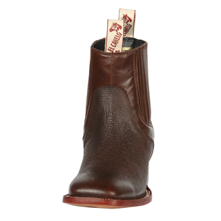 El Canelo brown leather western ankle boot with pull tabs and square toe design.