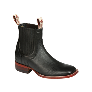 El Canelo black leather western ankle boot with pull tabs and square toe design.