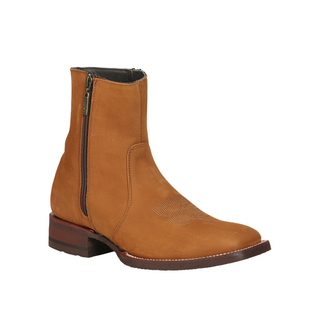 El Canelo tan leather ankle western boot with side zipper and square toe design.