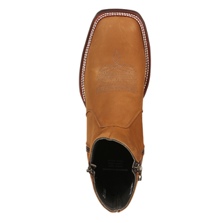 El Canelo tan leather ankle western boot with side zipper and square toe design.