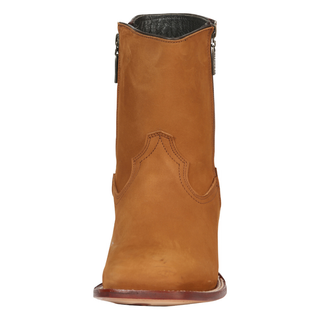 El Canelo tan leather ankle western boot with side zipper and square toe design.