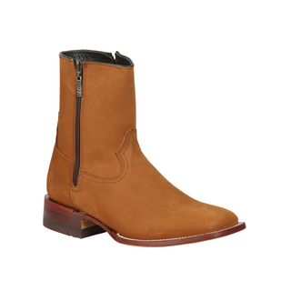 El Canelo tan leather ankle western boot with side zipper and square toe design.