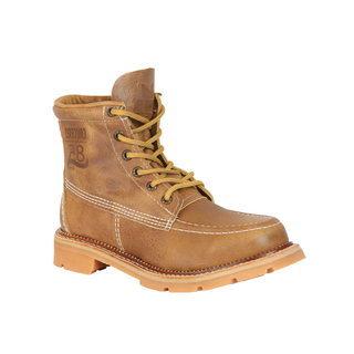 Brown leather boot with yellow laces 