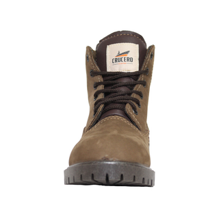 Brown boot with visible brand logo 
