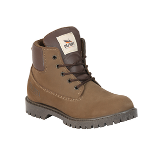 Brown boot with a visible brand label