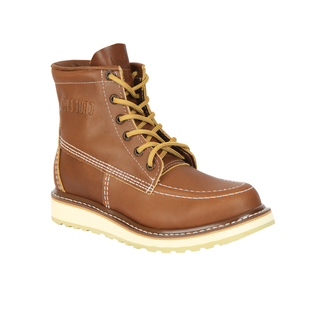 Brown leather boot with yellow laces 