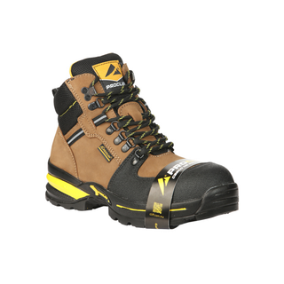 Brown and black safety boot with yellow accents 