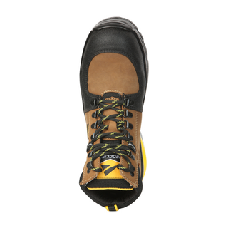 Black and brown work boot with yellow accents 