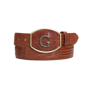 Brown lizzard-embossed leather belt with silver “G” buckle. Premium western-style men’s belt.
