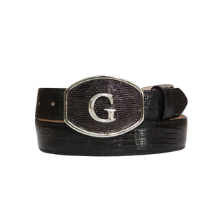 Black lizzard-embossed leather belt with silver “G” buckle. Premium western-style men’s belt.