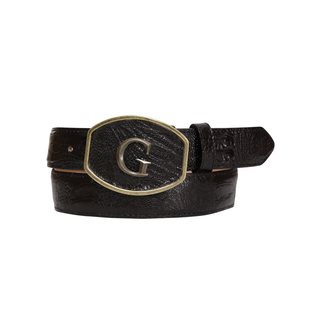 Brown embossed leather belt with silver “G” buckle. Premium western-style men’s belt.