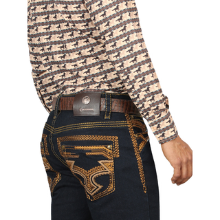 Back view of Centenario Jeans with embroidered pockets and contrast stitching
