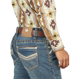 Back view of Centenario Jeans with embroidered pockets and contrast stitching