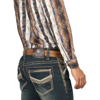 Back view of Centenario Jeans with embroidered pockets and contrast stitching