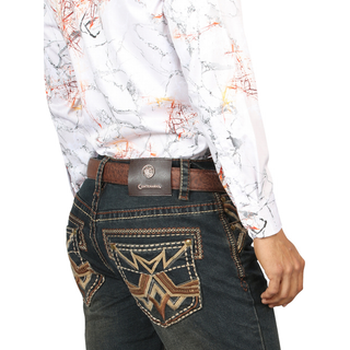 Back view of Centenario Jeans with embroidered pockets and contrast stitching