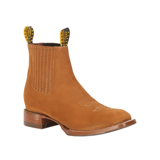 Brown leather boot with yellow stitching 