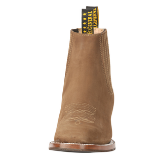 Brown boot with a visible brand label 