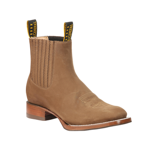 Brown leather boot with a brand logo 
