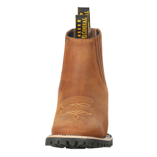 Brown leather boot with visible brand logo 