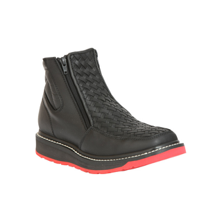 Black leather boot with woven pattern and red sole 