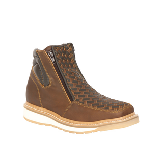 Brown leather boot with a patterned top 