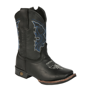 Black cowboy boot with blue and white embroidery 