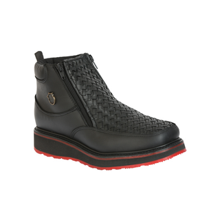 Black leather boot with woven pattern on a white background